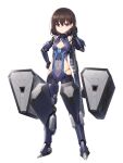  1girl armored_boots bangs black_gloves black_thighhighs blue_footwear blue_leotard boots breasts brown_hair cleavage_cutout closed_mouth clothing_cutout commentary_request copyright_request covered_navel gloves hair_between_eyes hand_up heijialan highres leotard looking_at_viewer mecha_musume official_art purple_eyes simple_background small_breasts solo standing thighhighs white_background 