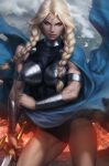  1girl armlet blonde_hair blue_cape blue_eyes braid breasts brunnhilde_(marvel) cape chest_armor closed_mouth gauntlets hair_between_eyes highres holding holding_sword holding_weapon large_breasts long_hair looking_at_viewer marvel muscular muscular_female realistic signature stanley_lau sword twin_braids weapon wind 