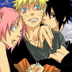  1girl 2boys artist_request bisexual black_hair blonde_hair blush group_sex hand_under_clothes haruno_sakura lowres multiple_boys naruto sex straight threesome truth uchiha_sasuke undressing uzumaki_naruto yaoi 