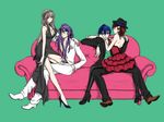  blue_hair brown_hair couch couple dress fedora gothic_lolita hat high_heels kaito kamui_gakupo lap leggings legs lolita_fashion long_hair megurine_luka meiko pants pantyhose pink_hair purple_hair suit tights vocaloid white_suit 