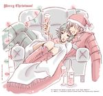  1boy 1girl alcohol black_hair blue_eyes book boots bottle capcom christmas christmas_lights couch couple cup dante dante_(devil_may_cry) devil_may_cry devil_may_cry_3 female grey_eyes hat heterochromia lady lady_(devil_may_cry) lying male red_eyes santa_hat scar short_hair trench_coat trenchcoat unitedflavors white_hair wine wine_glass 