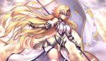  1girl armor armored_dress armpits backlighting banner bare_shoulders blonde_hair blue_eyes breasts chains closed_mouth commentary_request cowboy_shot day dress fate/grand_order fate_(series) faulds feathers floating fur_trim gloves highres holding impossible_clothes impossible_dress jeanne_d&#039;arc_(fate) jeanne_d&#039;arc_(fate)_(all) large_breasts long_hair looking_at_viewer nasaniliu outdoors smile solo very_long_hair white_dress wind 