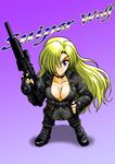  blonde_hair blue_eyes boots breasts choker cleavage female fingerless_gloves full_body gemini69 gloves gradient gradient_background gun hair_over_one_eye konami long_hair metal_gear metal_gear_(series) metal_gear_solid psg rifle sniper_rifle sniper_wolf solo weapon 