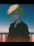  1boy black_shirt blonde_hair hypnosis_mic izanami_hifumi multicolored_hair piercing shirt sunlight 