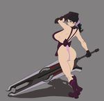  apron ass black_hair boots breasts cattleya flat_shading gloves huge_ass huge_breasts looking_back looking_over_shoulder milf muscle muscular no_bra ponytail queen&#039;s_blade queen's_blade sideboob simple_background smile sword weapon 