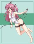  angel_beats! barefoot demon_tail fang long_hair microphone pink_eyes pink_hair school_swimsuit solo swimsuit tail thigh_strap two_side_up white_school_swimsuit white_swimsuit yo-jin yui_(angel_beats!) 