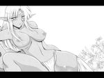  breasts breasts_apart dark_elf dark_skin elf flower greyscale highres large_breasts long_hair lying monochrome navel nipples on_back oujano_kaze pirotess pointy_ears record_of_lodoss_war solo sweat topless 