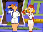  1boy 1girl 80s beret blonde_hair curly_hair double-breasted hat lowres mikazuki_nana oldschool orange_hair oshino_hikaru salute screencap shorts time_bokan_(series) time_patrol-tai_otasukeman uniform yatterman yattodetaman 