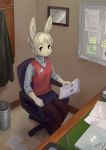  2019 anthro blue_eyes chair clothed clothing computer desk detailed_background english_text female hair hair_bun holding_object inside lagomorph laptop legwear looking_at_viewer mammal name_tag office office_chair panzery25 paper pen rabbit signature sitting skirt solo sticky_note stockings text trash_can vest 