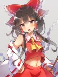  1girl 60mai ascot bangs bare_shoulders black_hair bow brown_eyes commentary_request cowboy_shot crop_top detached_sleeves eyebrows_visible_through_hair frilled_shirt_collar frills gohei grey_background hair_between_eyes hair_bow hair_tubes hakurei_reimu hand_on_hip head_tilt holding long_hair long_sleeves looking_at_viewer midriff navel open_mouth red_bow red_skirt ribbon-trimmed_sleeves ribbon_trim sarashi shide sidelocks simple_background skirt skirt_set solo standing stomach touhou v-shaped_eyebrows wide_sleeves yellow_neckwear 