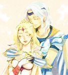  1boy 1girl armor blonde_hair bridal_gauntlets cape cecil_harvey couple cursor_(artist) earrings eyes_closed female final_fantasy final_fantasy_iv hug jewelry leotard long_hair male rosa_farrell satoo tiara white_hair 