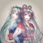  2girls aqua_eyes aqua_hair back-to-back bangs blue_eyes blue_kimono chinese_commentary commentary_request grey_background grey_hair hair_between_eyes hair_ornament hair_ribbon hair_rings hatsune_miku japanese_clothes kimono locked_arms long_hair long_sleeves looking_at_viewer luo_tianyi mayoimayoi multiple_girls obi open_mouth print_kimono red_ribbon ribbon sash short_hair_with_long_locks smile twintails upper_body very_long_hair vocaloid vocanese white_kimono 