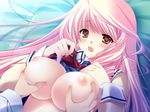  1girl blush breast_squeeze breasts da_capo da_capo_ii game_cg male_hand nipples pink_hair red_eyes school_uniform 