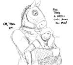  anthro bear_hug big_breasts black_and_white blush boss_lamb_(hladilnik) breasts clothed clothing dialogue embarrassed english_text equid equine female hladilnik horse it&#039;s_a_trap mammal mask monochrome text tinker_(hladilnik) wrestling wrestling_match 