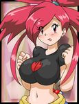  artist_request asuna_(pokemon) blush breasts cleavage gym_leader huge_breasts impossible_clothes impossible_clothing impossible_shirt large_breasts long_hair poke_ball pokemon red_hair shirt 