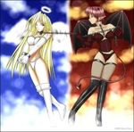  2girls angel angel_and_devil angel_wings bdsm blonde_hair bondage bound chains demon lowres multiple_girls red_hair slave wings 