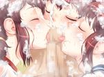  3girls artist_request blush censored cum disembodied_penis ejaculation eyes_closed facial fellatio game_cg licking long_hair lowres multiple_fellatio multiple_girls oral penis short_hair 