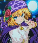  1girl blonde_hair blue_background blue_eyes bracelet cape flower hair_flower hair_ornament hand_up highres jewelry looking_at_viewer medallion purple_bandana purple_cape sennen_sensou_aigis shirt short_hair smirk solo soune1000 traditional_media upper_body white_shirt 