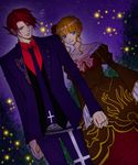  1girl alternate_costume beatrice blonde_hair blue_eyes dress flower formal hair_flower hair_ornament holding_hands kaoru necktie night red_hair rose suit umineko_no_naku_koro_ni ushiromiya_battler 