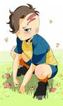  1boy blush brown_hair child flower fudou_akio full_body grass inazuma_eleven inazuma_eleven_(series) male male_focus mohawk nature outdoors shota solo stooping tears 