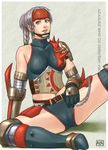  armor azasuke bare_shoulders belt blue_eyes braid breasts cameltoe capcom chains character_request elbow_gloves female gloves gray_hair grey_hair headband headguard highres kuroobi midriff monster_hunter monster_hunter_g navel ponytail shorts sitting solo spread_legs thighhighs 