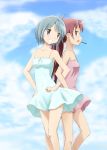  2girls :d bangs bare_arms bare_legs bare_shoulders blue_dress blue_eyes blue_hair blush cloud cloudy_sky covered_navel day dress eyebrows_visible_through_hair feet_out_of_frame food grin hand_on_hip highres jewelry kinfuji locked_arms long_hair looking_away looking_to_the_side mahou_shoujo_madoka_magica miki_sayaka multiple_girls open_mouth outdoors pink_dress pocky ponytail purple_eyes purple_hair ring sakura_kyouko short_hair sideways_mouth sky sleeveless sleeveless_dress smile standing sundress teeth 