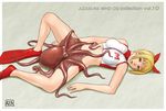  azasuke bikini blonde_hair breasts brown_eyes earrings female flippers hair_ribbon highres jewelry leg_lift lying marin octopus on_back ribbon solo spread_legs swimsuit tentacle tentacles umi_monogatari 