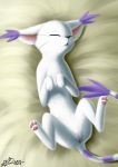  2018 anus black_nose digimon digimon_(species) digital_media_(artwork) eyes_closed female feral fur gatomon haiiromon lying mammal nipples nude on_back pussu simple_background sleeping whiskers 