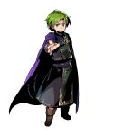  1boy belt boots cape child fire_emblem fire_emblem:_fuuin_no_tsurugi fire_emblem_heroes full_body green_eyes green_hair highres himukai_yuuji lleu_(fire_emblem) male_focus nintendo official_art solo transparent_background 