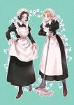 2girls ace_attorney alternate_costume apron black_dress black_hair blonde_hair blue_eyes dress flower full_body gina_lestrade hat highres holding holding_mop juliet_sleeves long_dress long_sleeves looking_at_another looking_down maid_apron maid_headdress mob_cap mop multiple_girls noi350 open_mouth puffy_sleeves shoes short_hair smile standing susato_mikotoba the_great_ace_attorney white_apron white_headwear 