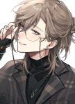  1boy adjusting_eyewear artist_name bangs black_shirt blush breast_pocket brown_hair brown_jacket commentary_request crossed_bangs ear_piercing earclip earrings eyelashes eyewear_strap fingernails glasses grey_eyes hair_between_eyes hair_bun half_updo hand_up highres jacket jewelry kanae_(nijisanji) lapels long_sleeves looking_at_viewer male_focus medium_hair necklace nijisanji parted_lips piercing plaid plaid_jacket pocket round_eyewear shirt sidelocks simple_background single_hair_bun sleeves_past_wrists smile solo szainx teeth turtleneck twitter_username upper_body virtual_youtuber white_background 