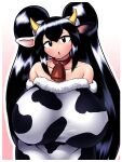  1girl :o animal_ears animal_print bangs bare_shoulders bell black_eyes black_hair border breasts collar collarbone cow_ears cow_horns cow_print cowbell double_bun fur_trim gradient gradient_background hair_between_eyes hair_bun half-closed_eyes harashima_rojami head_tilt highres horns huge_breasts kuma_(kumahoihoi) long_hair looking_at_viewer open_mouth original outline red_collar solo straight-on very_long_hair white_border white_outline yellow_horns 