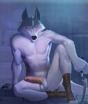  anthro balls black_nose black_sclera canid canine canis death_(puss_in_boots) dreamworks erection fur genitals grey_body grey_fur hi_res humanoid_genitalia humanoid_penis korichi looking_at_viewer male mammal melee_weapon penis puss_in_boots_(film) puss_in_boots_the_last_wish red_eyes sitting solo weapon wolf 