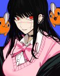  1girl bangs black_choker black_hair blue_background bow cardigan chainsaw chainsaw_man choker collared_shirt cross_scar ear_piercing earrings highres jewelry long_hair looking_at_viewer multiple_piercings off_shoulder piercing pink_bow pink_cardigan pochita_(chainsaw_man) red_eyes ringed_eyes sailen0 scar scar_on_cheek scar_on_face shirt simple_background solo_focus stud_earrings white_shirt yoru_(chainsaw_man) 