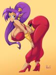  2023 blue_eyes breasts cleavage clothed clothing ear_piercing ear_ring female fingers footwear genie hair hi_res high_heels humanoid humanoid_pointy_ears long_hair looking_at_viewer not_furry piercing ponytail profitart purple_hair ring_piercing shantae shantae_(series) signature simple_background solo tan_body tan_skin wayforward 