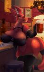  absurd_res alcohol anthro barely_visible_genitalia barely_visible_pussy beverage big_breasts bottomless breasts clothed clothing dragon female genitals hi_res huge_breasts legwear pussy solo thick_thighs thigh_highs vikhop 