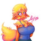  2022 alyrise anthro big_breasts blonde_hair blush bottomwear breasts canid canine clothed clothing eeveelution female flareon fur generation_1_pokemon hair half-length_portrait hand_on_breast mammal multicolored_eyes navel_outline neck_tuft nintendo nipple_outline open_mouth orange_body orange_fur pokemon pokemon_(species) pokemorph portrait purple_eyes red_eyes shirt signature simple_background solo tank_top tight_clothing tight_topwear topwear tuft white_background 