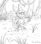  2020 anthro armor bottomless bottomless_anthro bottomless_female clothed clothing curled_tail female fur grass hair hannah_the_usul headgear helmet hi_res jimfoxx jumpstart_games jungle monochrome neopet_(species) neopets open_mouth partially_submerged pith_helmet plant quicksand shirt signature sinking smile solo topwear usul_(neopets) vines wide_eyed 