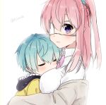  1boy 1girl age_difference black_hood blue_hair blue_scrunchie blush bow bowtie breast_pillow brown_sweater closed_eyes eyepatch face_to_breasts hair_between_eyes head_on_head head_rest hood hoodie hug long_hair looking_at_viewer medical_eyepatch nei_akutsu onee-shota original os_(os_fresa) pink_bow pink_bowtie pink_hair pointy_ears purple_eyes scrunchie shirt short_hair smile souta_kandori sweater twitter_username upper_body white_background white_shirt yellow_hoodie 