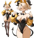 1girl animal_ears bare_shoulders breasts cleavage closed_eyes collarbone covered_navel cropped_jacket demon_tail detached_collar goat_horns hand_on_hip hands_up highres horns jacket large_breasts legs leotard long_legs multiple_tails open_clothes open_jacket original playboy_bunny rabbit_ears rakeemspoon see-through see-through_legwear short_hair smile solo strapless strapless_leotard susan_(rakeemspoon) tail thighhighs wide_hips yellow_jacket 