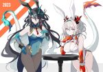  2girls animal_ears arknights bangs bare_legs bare_shoulders black_hair black_pantyhose blue_leotard breasts chinese_zodiac cleavage cleavage_cutout clothing_cutout covered_navel detached_collar dragon_horns dragon_tail dusk_(arknights) earrings flame-tipped_tail hair_between_eyes happy_new_year highres horns jewelry large_breasts leaning_on_table leotard long_hair multiple_girls new_year nian_(arknights) pantyhose pink_eyes playboy_bunny rabbit_ears red_eyes standing strapless strapless_leotard table tail white_hair white_leotard wrist_cuffs year_of_the_rabbit yu-ves 