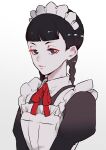  1girl ace_attorney apron bangs black_dress black_eyes black_hair blunt_bangs braid closed_mouth collared_dress dress juror_2_(maid) looking_at_viewer maid maid_apron maid_headdress neck_ribbon noi350 puffy_sleeves red_ribbon ribbon simple_background solo the_great_ace_attorney the_great_ace_attorney:_adventures twin_braids upper_body white_apron white_background 