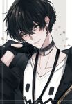  1boy artist_name aruse_inu bangs black_collar black_gloves black_hair black_jacket blush chain_earrings chain_necklace collar commentary_request crossed_bangs earrings eyelashes gloves grey_background hair_between_eyes hand_up head_rest head_tilt highres jacket jewelry lanyard long_sleeves looking_at_viewer male_focus multiple_earrings necklace neo-porte open_clothes open_jacket parted_lips print_shirt puffy_long_sleeves puffy_sleeves ring shirt short_hair sidelocks signature simple_background smile solo star_(symbol) szainx two-tone_background upper_body v-neck virtual_youtuber white_background white_shirt yellow_eyes zipper 
