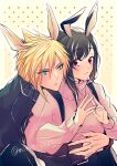 1boy 1girl animal_ears asymmetrical_sidelocks bangs black_hair blonde_hair blue_eyes blue_sweater blush closed_mouth cloud_strife commentary_request couple final_fantasy final_fantasy_vii final_fantasy_vii_remake head_on_another&#039;s_shoulder hug hug_from_behind long_hair long_sleeves minato_(ct_777) parted_lips pink_sweater rabbit_ears red_eyes sidelocks spiked_hair sweater swept_bangs tifa_lockhart turtleneck turtleneck_sweater twitter_username upper_body 