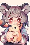  1girl :&gt; :3 animal animal_ear_fluff animal_ears bangs blue_capelet blush capelet carrot closed_mouth commentary_request grey_hair highres holding holding_animal holding_with_tail long_sleeves mame_komari medium_hair mouse_ears mouse_girl mouse_tail nazrin one-hour_drawing_challenge prehensile_tail rabbit red_eyes shirt smile solo tail touhou twitter_username upper_body white_shirt 