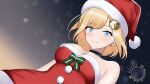  1girl absurdres blonde_hair blue_eyes bob_cut bow breasts choker christmas hair_ornament hairclip hat highres hololive hololive_english holomyth looking_at_viewer monocle_hair_ornament santa_costume santa_hat short_hair virtual_youtuber watson_amelia 