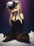  1boy 1girl alternate_costume animal_ears arms_behind_back bdsm black_leotard black_pantyhose blonde_hair blue_eyes bondage bound breasts bulge cad_(caddo) detached_collar erection erection_under_clothes fake_animal_ears gagged girl_on_top gloves graf_zeppelin_(kancolle) hair_between_eyes hat highleg highleg_leotard highres kantai_collection leotard monoglove necktie pantyhose peaked_cap playboy_bunny pov rabbit_ears red_necktie side-tie_leotard sidelocks small_breasts solo_focus spread_legs straddling strapless strapless_leotard twintails white_gloves 