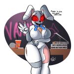  1:1 2023 beep! big_breasts bow_tie breasts buckteeth clothed clothing dialogue digital_media_(artwork) english_text female five_nights_at_freddy&#039;s five_nights_at_freddy&#039;s:_security_breach genitals hi_res human lagomorph leporid looking_at_viewer mammal nipples open_mouth pussy rabbit scottgames smile solo teeth text vanny_(fnaf) 