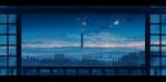  animal_ears balcony blue_theme building cloud cola_(gotouryouta) commentary_request crescent_moon fence highres letterboxed lightning_rod looking_outside moon moon_phases no_humans original rabbit_ears radio_antenna scenery sky sliding_doors star_(sky) starry_sky wind_chime 