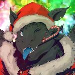  1:1 2021 anthro black_body blue_eyes blue_tongue blurred_background bodily_fluids candy candy_cane christmas christmas_clothing christmas_headwear clothing costume dessert digital_media_(artwork) dragon dreamworks dripping food hat headgear headshot_portrait headwear hi_res holidays how_to_train_your_dragon looking_at_viewer male night_fury one_eye_closed onyx_kull pinkgirlpen portrait saliva saliva_drip saliva_on_tongue santa_costume santa_hat scalie sharp_teeth signature solo teeth tongue tongue_out western_dragon wink 